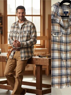 George Men’s Plaid Flannel Button Front Shirt XLT 46-48 Brown Blue Cream Long
